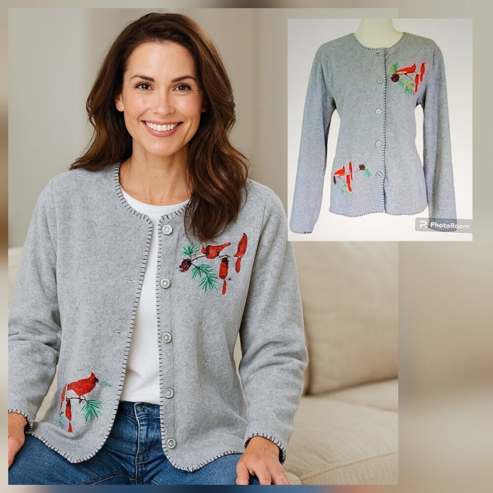Vintage Embroidered Cardinal Fleece Cardigan Shacket with Blanket Stitching